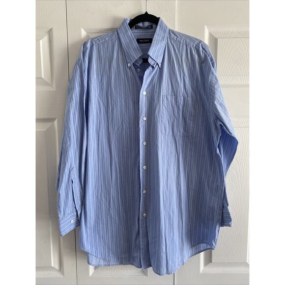Nautica Mens 32/33 16.5 Blue‎ Striped Dress Shirt Long Sleeve Classic Fit - Picture 1 of 6
